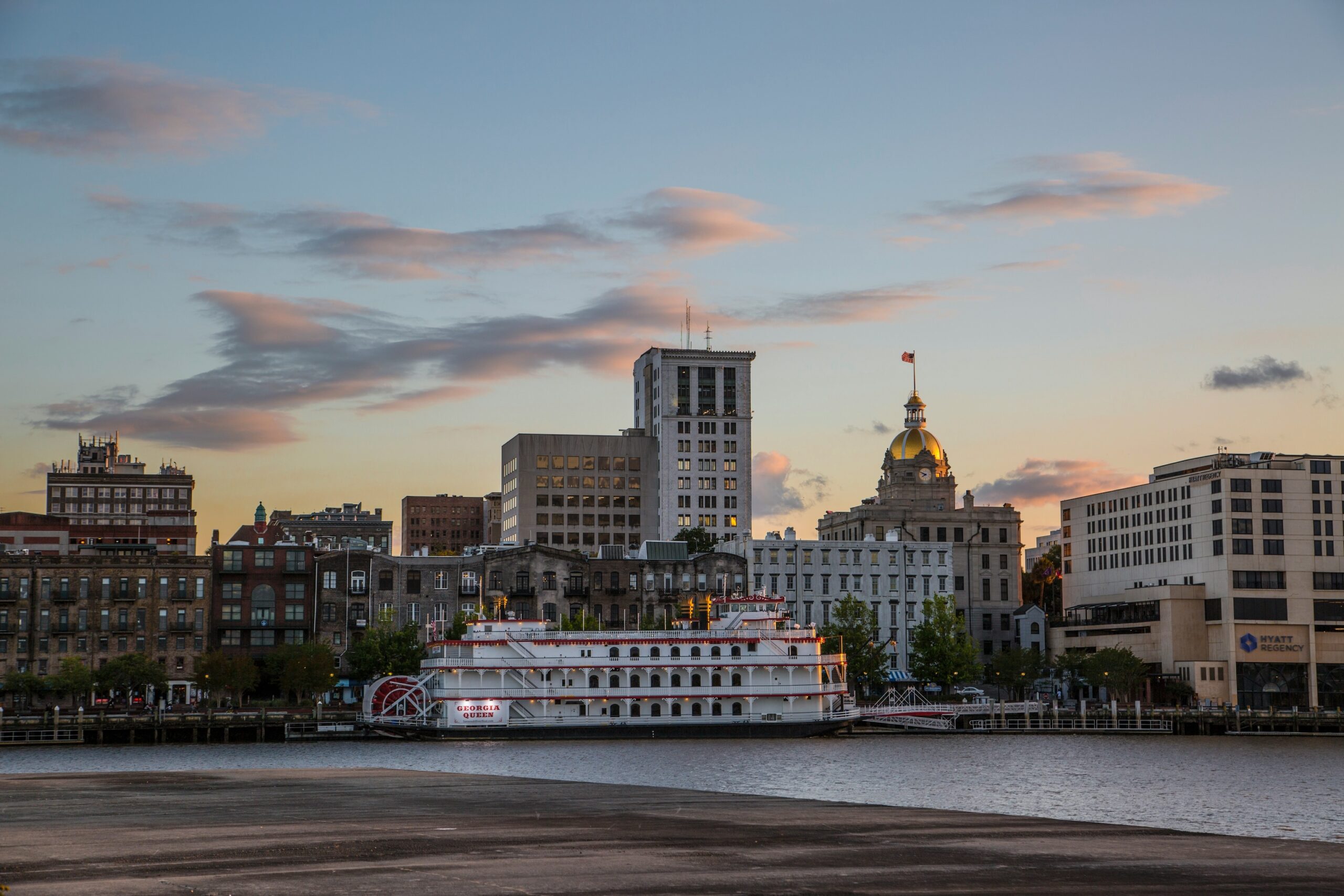 Downtown Savannah riverfront during a summer evening staycation