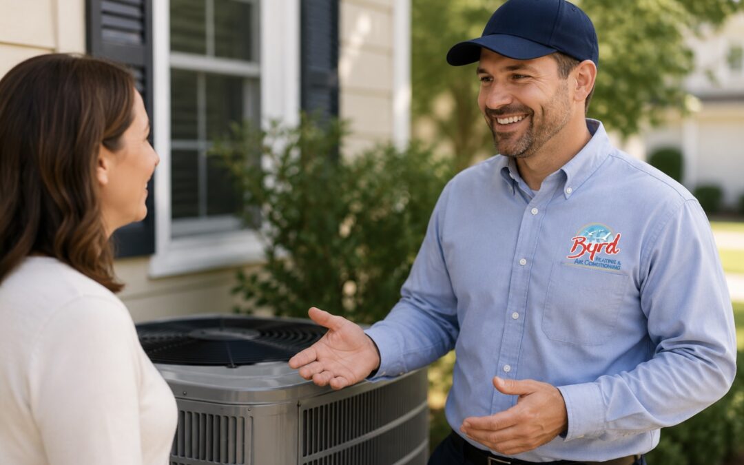 Byrd technician explaining indoor humidity control to a homeowner in Savannah
