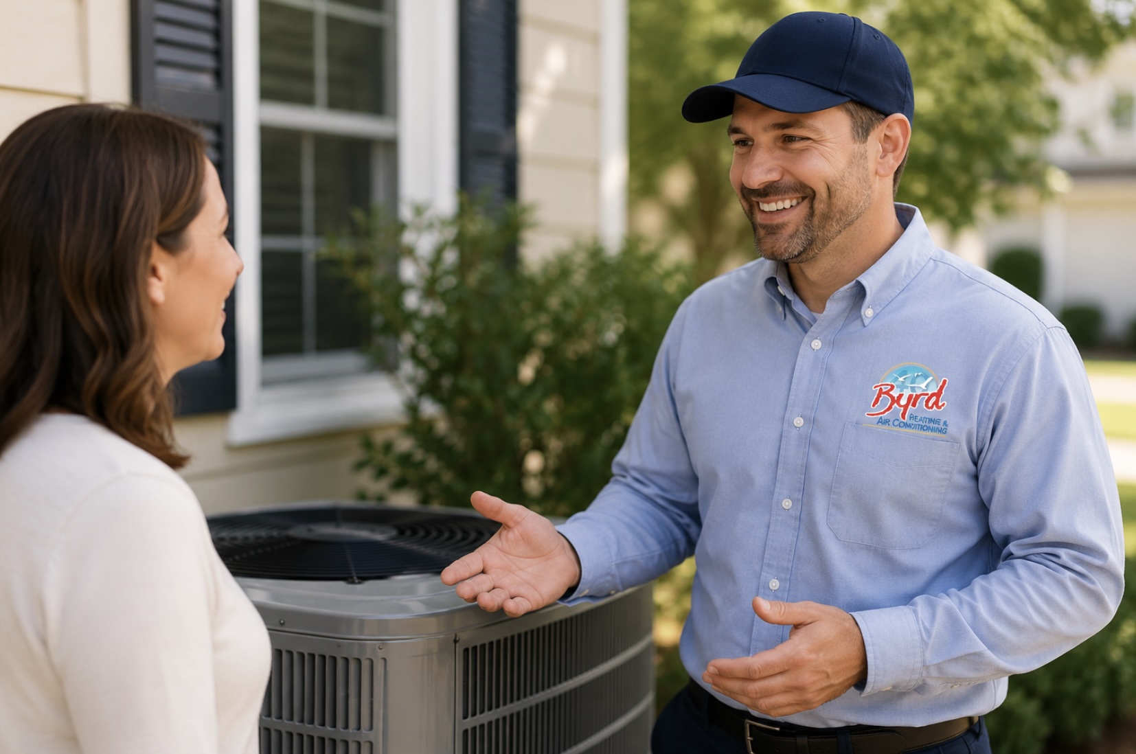 Byrd technician explaining indoor humidity control to a homeowner in Savannah